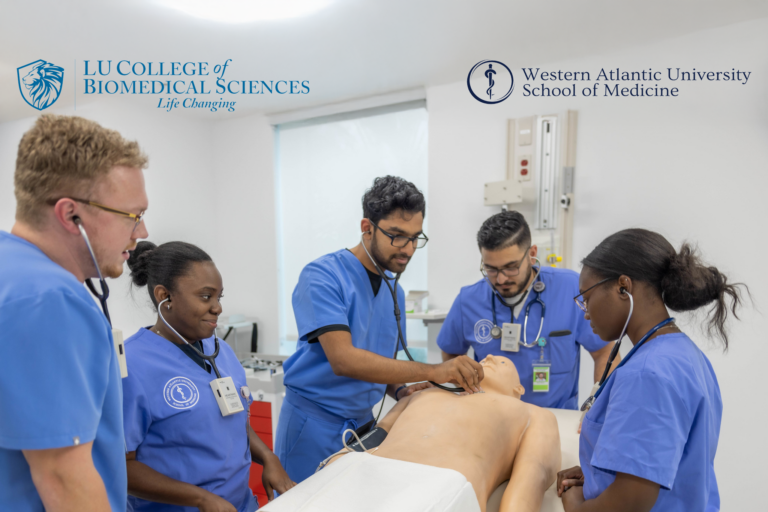 Larkin University and WAUSM webinar header featuring medical students in blue scrubs practicing a clinical procedure on a simulation mannequin.